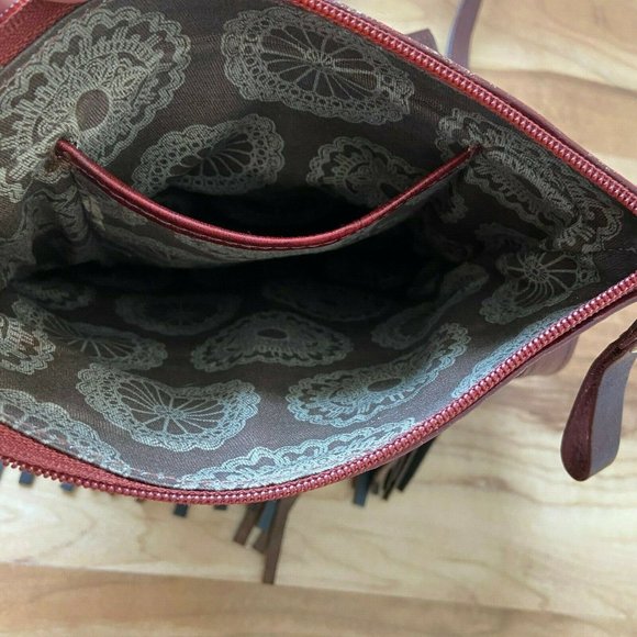 American West Leather Crossbody Handbag Fringe Western Burgundy Studded - Picture 5 of 12